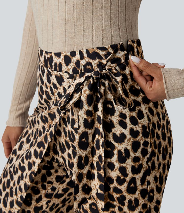 Elegant High Waisted Tie Side Wide Leg Pants Women - Leopard Print Flowy Trousers 5