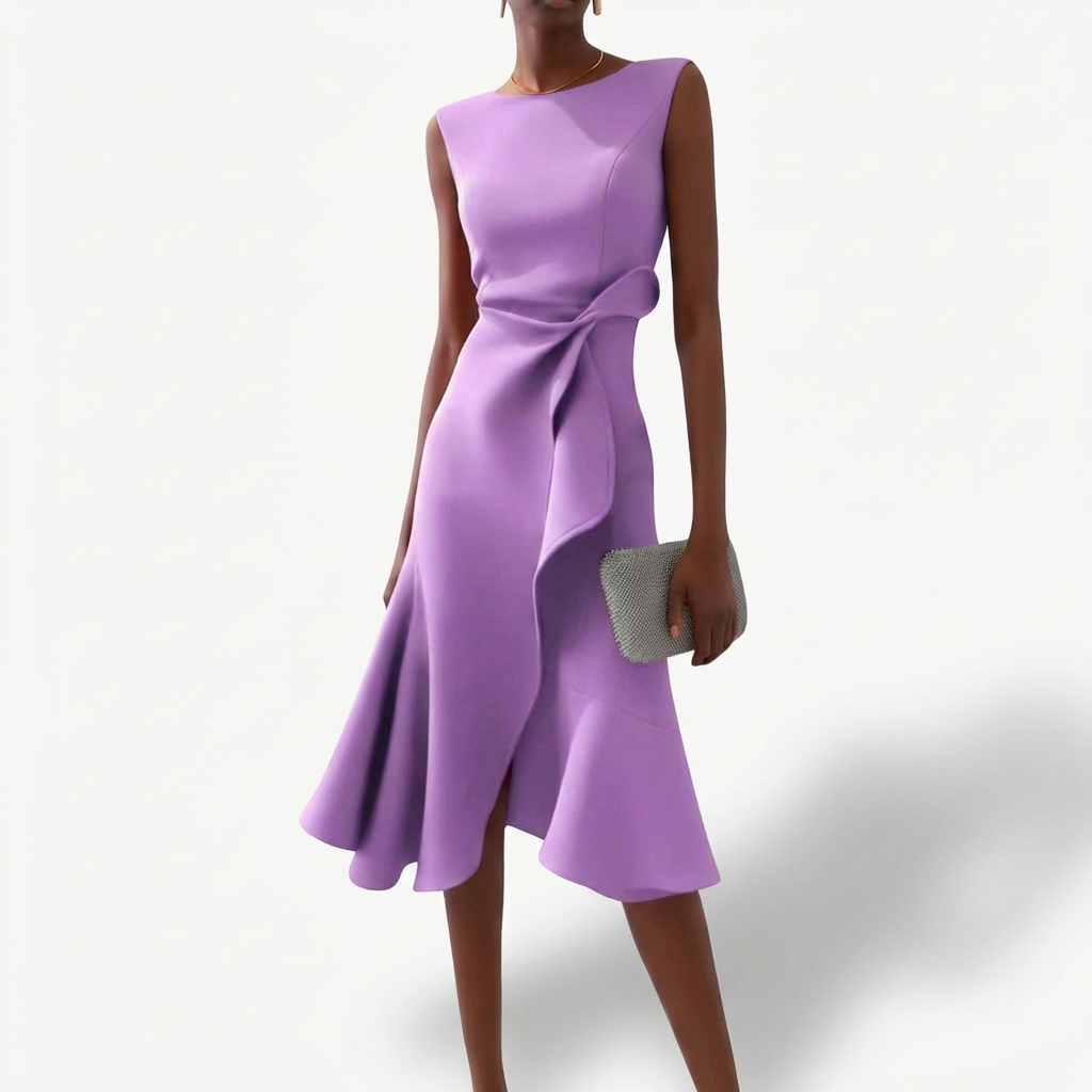 Augustine | Women's Draped Midi Dress Asymmetrical Ruffle