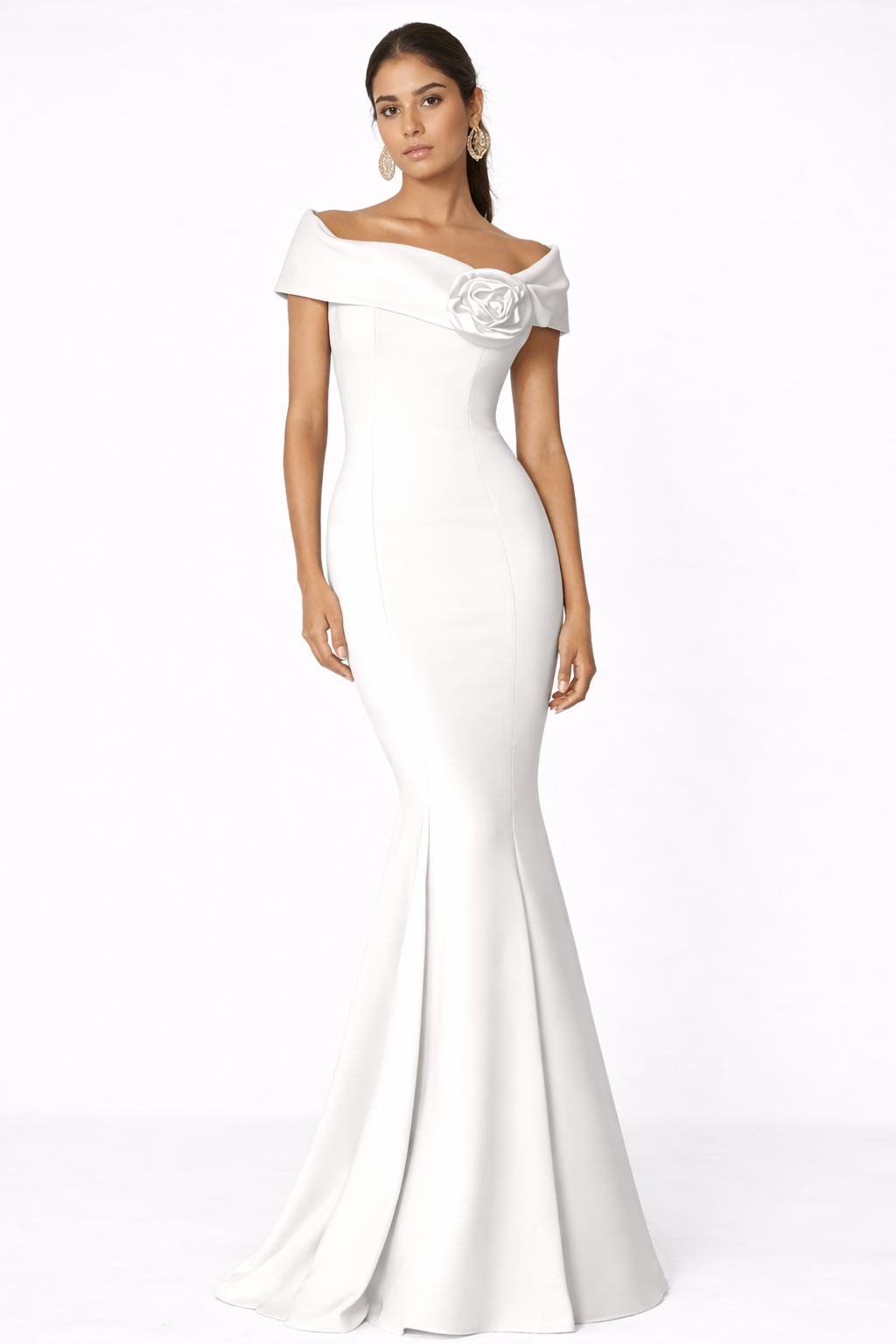 Elegant Off-the-Shoulder Trumpet Dress with Detachable Flower