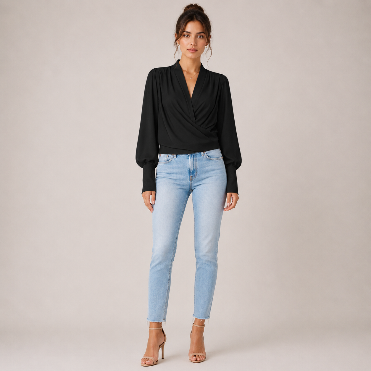Elegant Satin | Women's Blouse with V-Neck & Puff Sleeves | Flattering Pleated Waist for Timeless Style 4