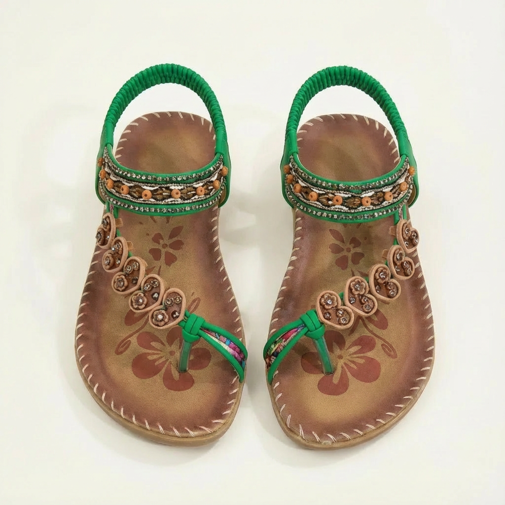 Luna | Women's Flat Sandals with Floral Appliques and Beaded Straps | Boho
