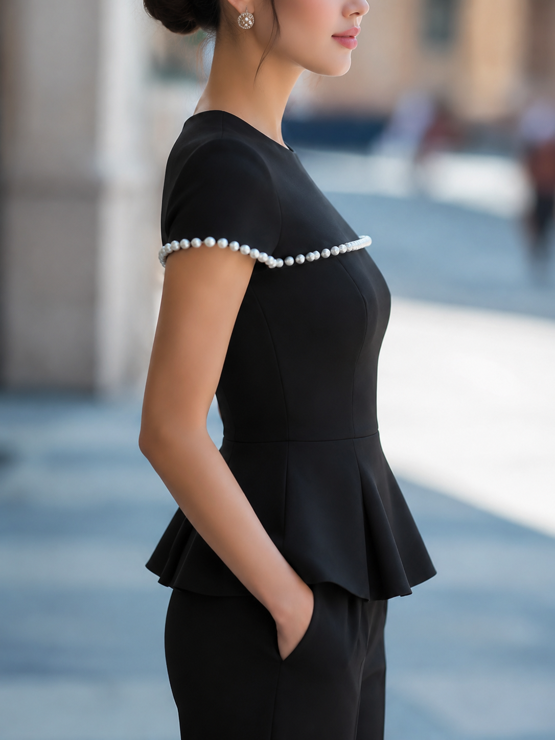 Pearl-Trim Short-Sleeve Structured Peplum Top