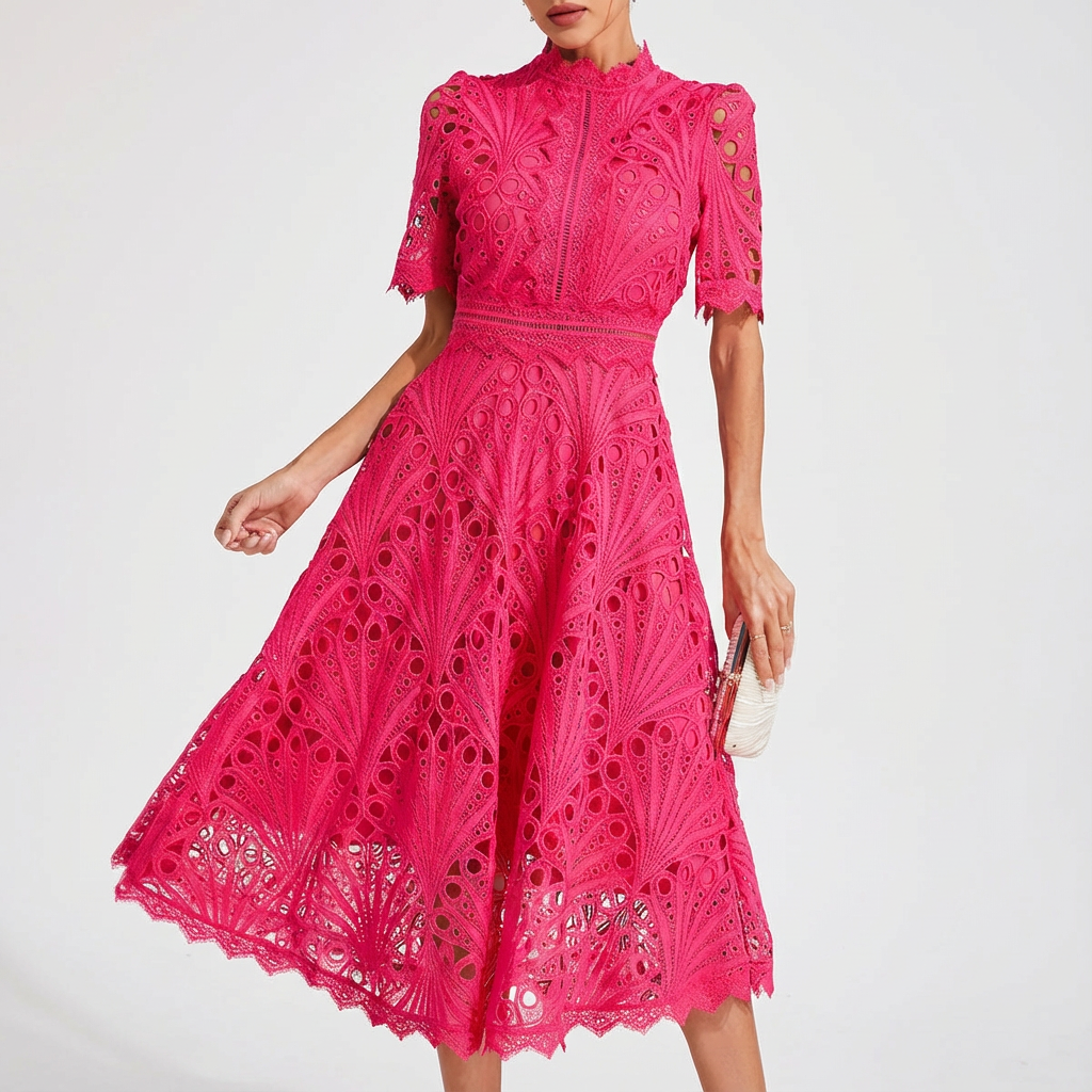 Sofia | Women's Midi Dress with English Embroidery and High Neck | Elegant