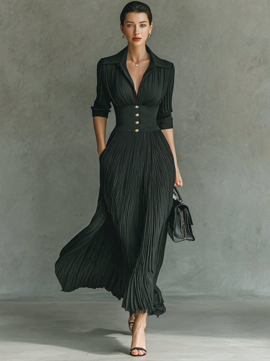Elegant Maxi Dress | Women's Formal Dress with Pleated Skirt & Lapel Collar for Stylish Comfort 5
