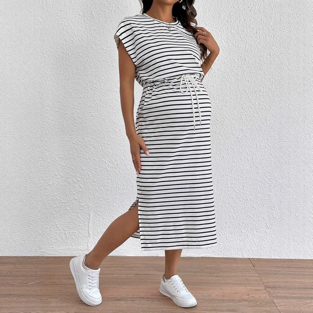 Women's striped maternity dress with waist belt
