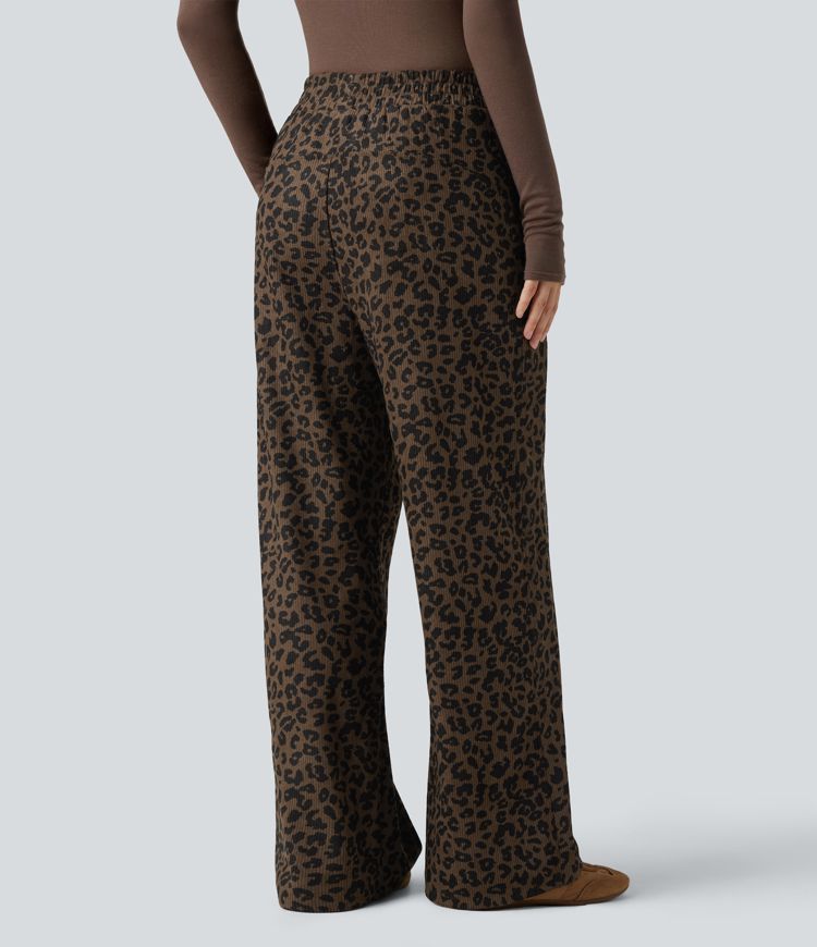 Leopard Print High Waisted Straight Leg Women's Pants in Soft Corduroy 2