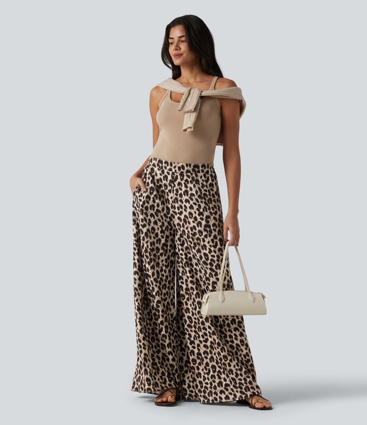 Chic High Waisted Leopard Print Wide Leg Pants for Women with Pockets 7
