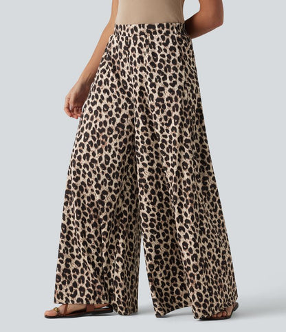 Chic High Waisted Leopard Print Wide Leg Pants for Women with Pockets 4