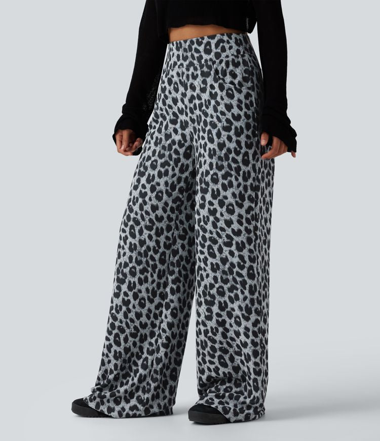 Chic High Waisted Leopard Print Waffle Baggy Pants with Pockets for Women 3