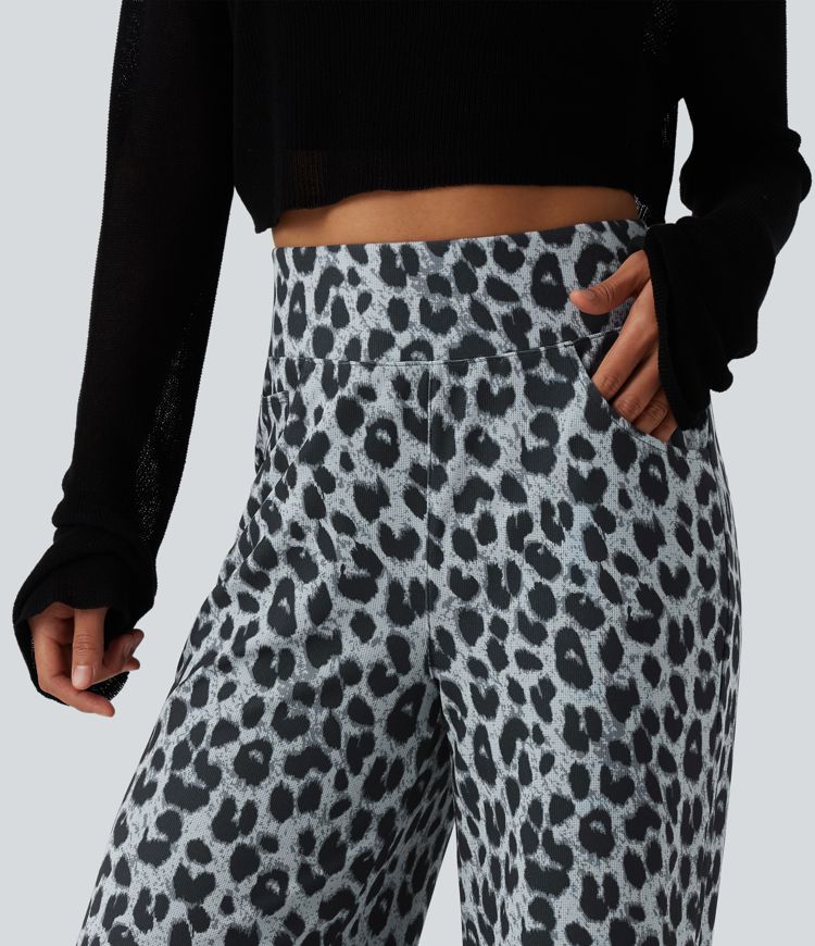 Chic High Waisted Leopard Print Waffle Baggy Pants with Pockets for Women 4