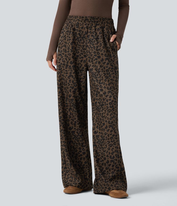 Leopard Print High Waisted Straight Leg Women's Pants in Soft Corduroy 1