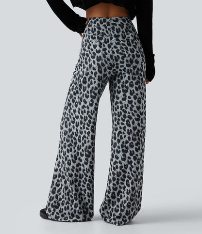 Chic High Waisted Leopard Print Waffle Baggy Pants with Pockets for Women 2