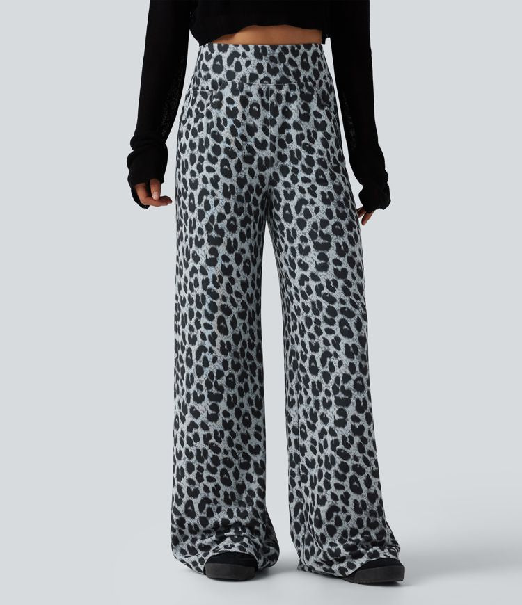 Chic High Waisted Leopard Print Waffle Baggy Pants with Pockets for Women 1