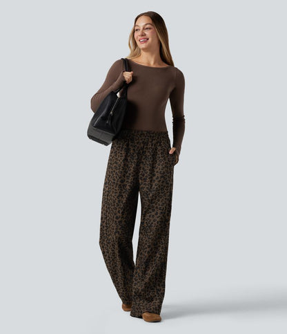 Leopard Print High Waisted Straight Leg Women's Pants in Soft Corduroy 6