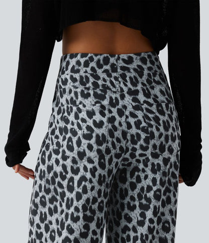 Chic High Waisted Leopard Print Waffle Baggy Pants with Pockets for Women 5