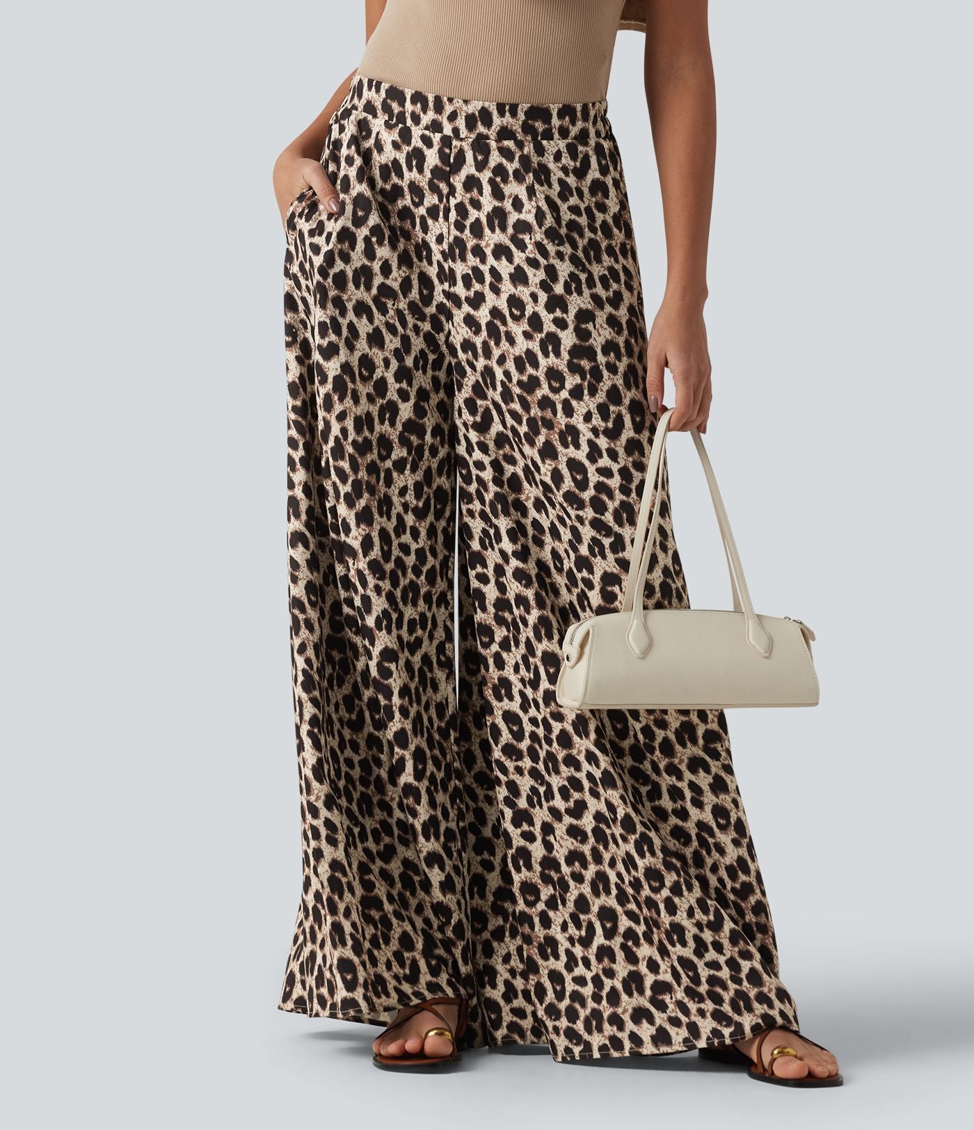 Chic High Waisted Leopard Print Wide Leg Pants for Women with Pockets 8
