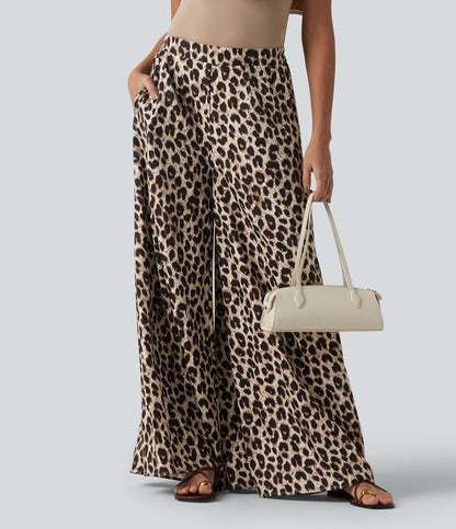 Chic High Waisted Leopard Print Wide Leg Pants for Women with Pockets 8