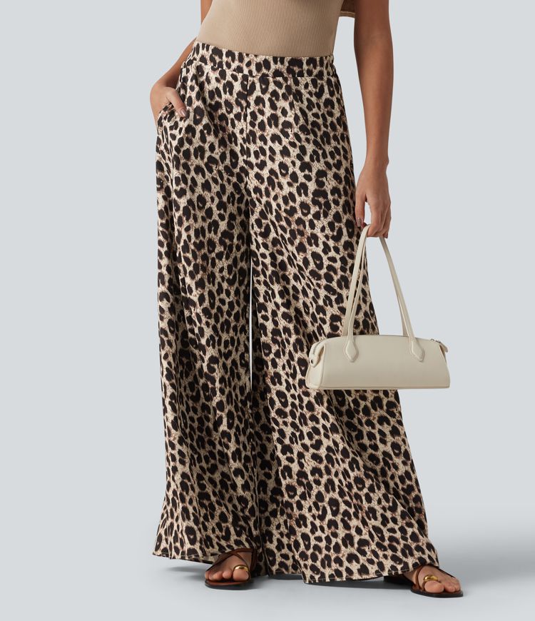 Chic High Waisted Leopard Print Wide Leg Pants for Women with Pockets 1