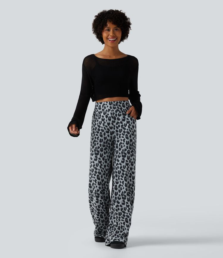 Chic High Waisted Leopard Print Waffle Baggy Pants with Pockets for Women 6