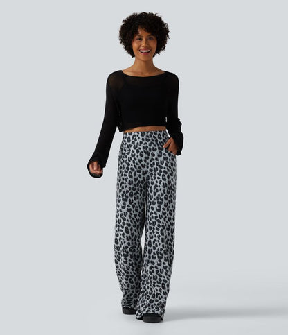 Chic High Waisted Leopard Print Waffle Baggy Pants with Pockets for Women 6