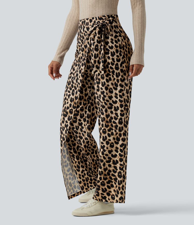 Elegant High Waisted Tie Side Wide Leg Pants Women - Leopard Print Flowy Trousers 3