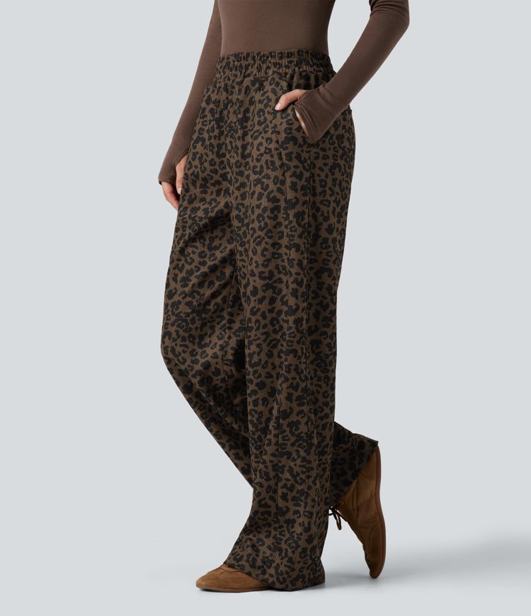 Leopard Print High Waisted Straight Leg Women's Pants in Soft Corduroy 3
