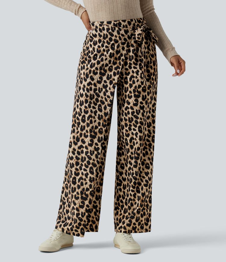 Elegant High Waisted Tie Side Wide Leg Pants Women - Leopard Print Flowy Trousers 2