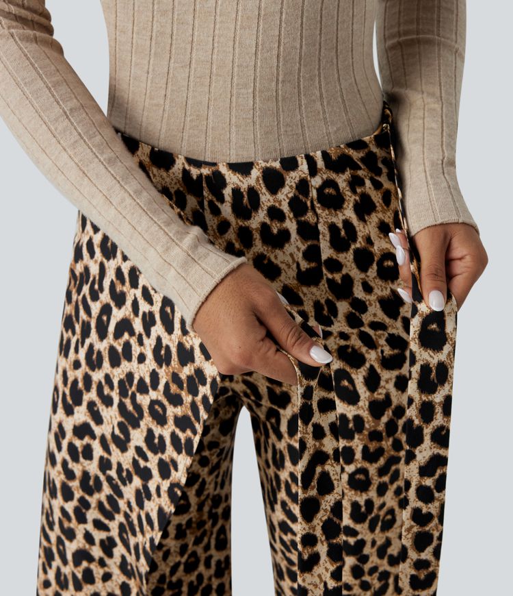 Elegant High Waisted Tie Side Wide Leg Pants Women - Leopard Print Flowy Trousers 4