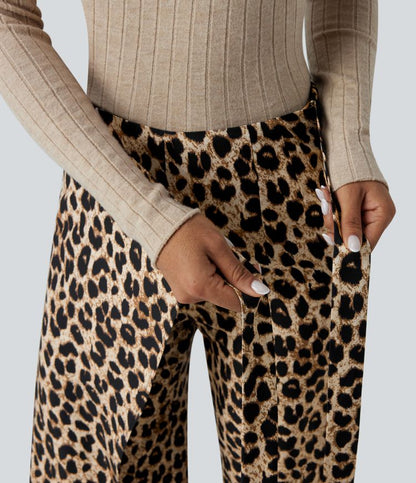 Elegant High Waisted Tie Side Wide Leg Pants Women - Leopard Print Flowy Trousers 4