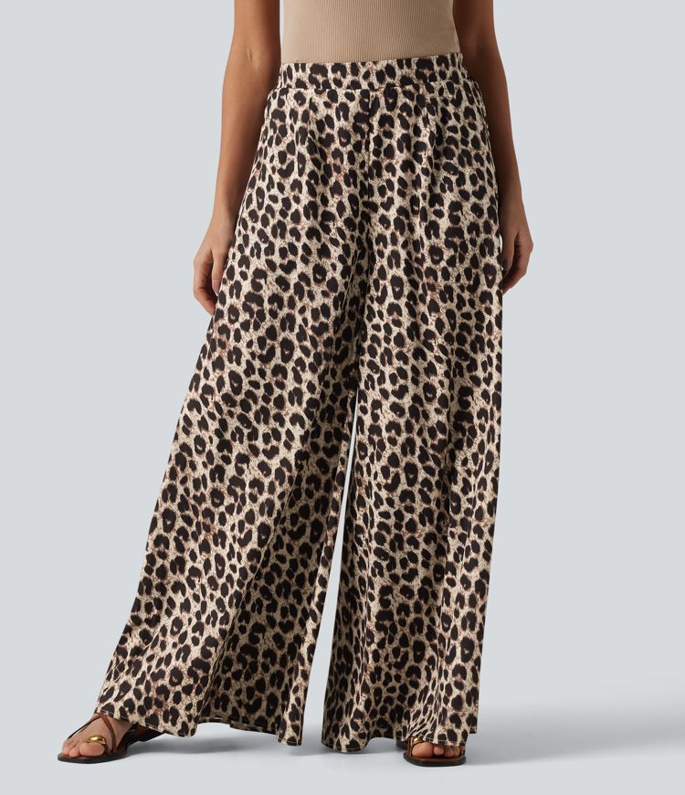 Chic High Waisted Leopard Print Wide Leg Pants for Women with Pockets 3