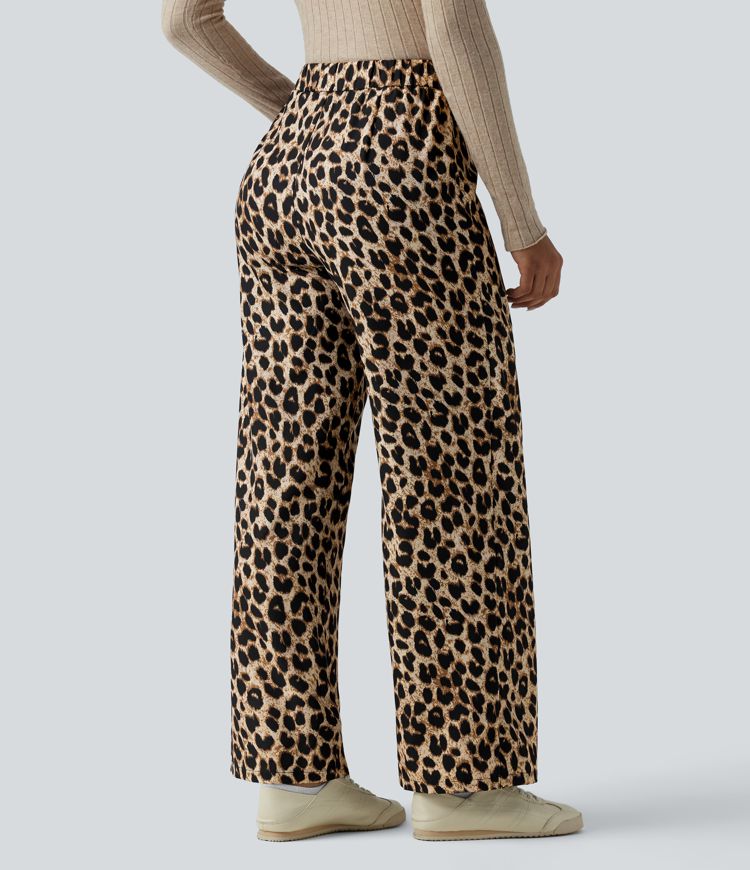 Elegant High Waisted Tie Side Wide Leg Pants Women - Leopard Print Flowy Trousers 1