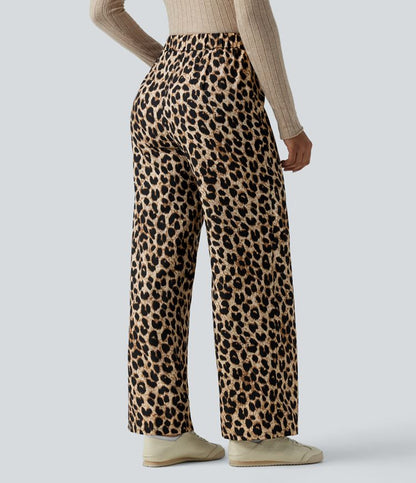 Elegant High Waisted Tie Side Wide Leg Pants Women - Leopard Print Flowy Trousers 1
