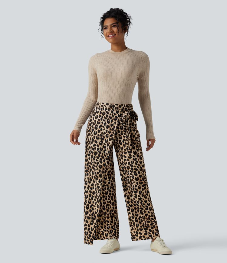 Elegant High Waisted Tie Side Wide Leg Pants Women - Leopard Print Flowy Trousers 6