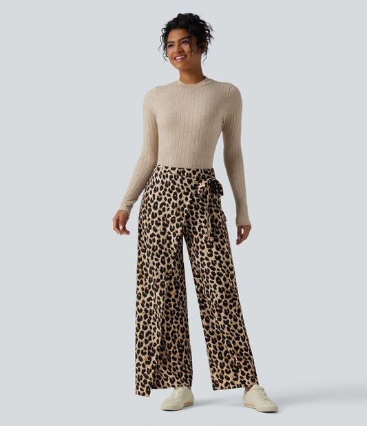 Elegant High Waisted Tie Side Wide Leg Pants Women - Leopard Print Flowy Trousers 6