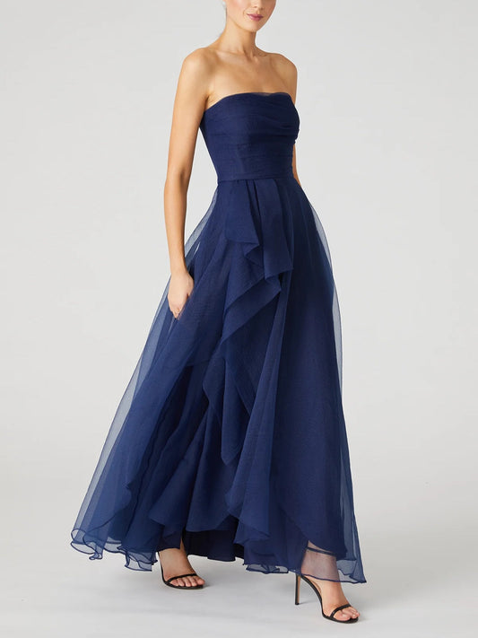 Elegant Navy A-Line Strapless Evening Dress with Ruffles for Formal Events 1