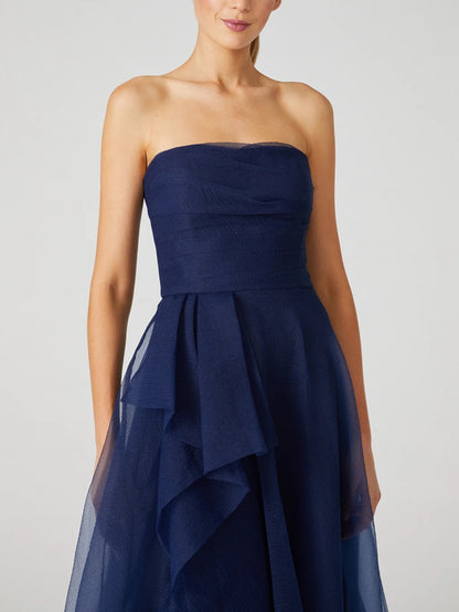 Elegant Navy A-Line Strapless Evening Dress with Ruffles for Formal Events 2