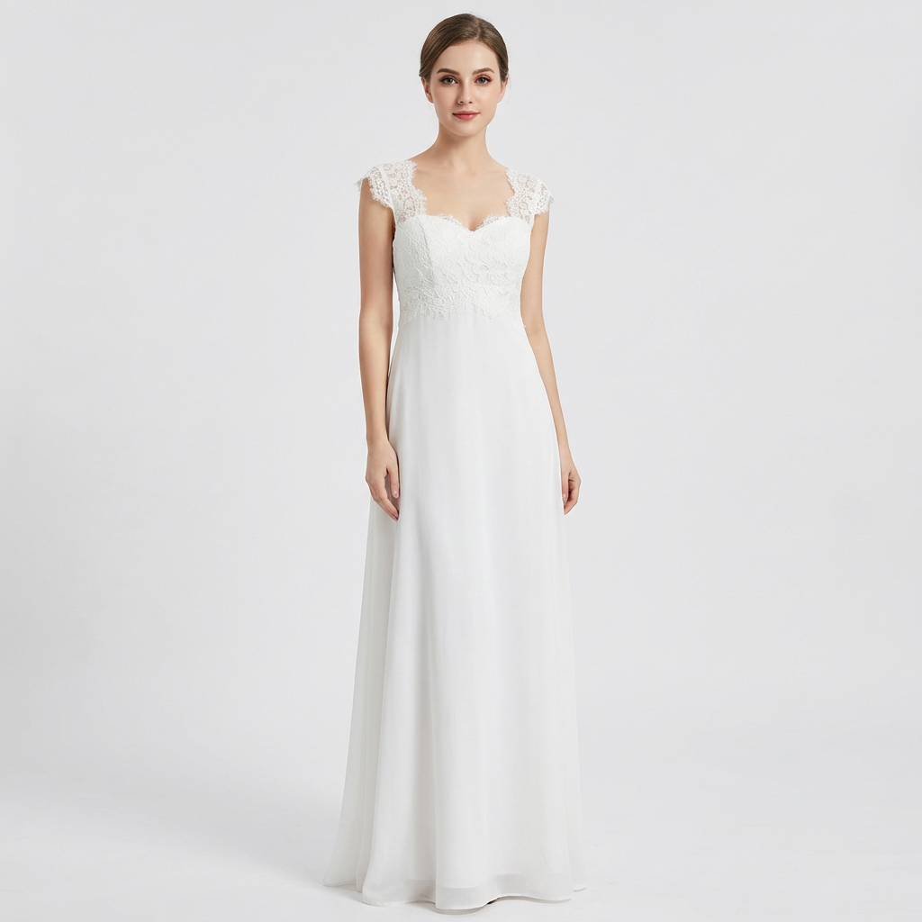 Ariadna | White Chiffon Maxi Dress with Lace Bodice and Cap Sleeves for Women - Bridal