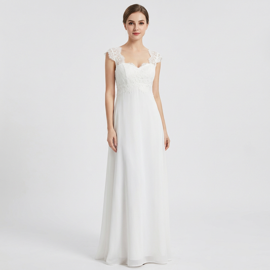 Ariadna | White Chiffon Maxi Dress with Lace Bodice and Cap Sleeves for Women - Bridal