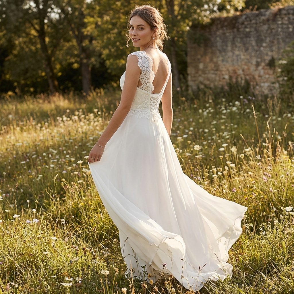 Ariadna | White Chiffon Maxi Dress with Lace Bodice and Cap Sleeves for Women - Bridal