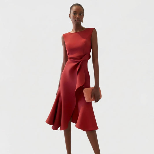 Augustine | Women's Draped Midi Dress Asymmetrical Ruffle