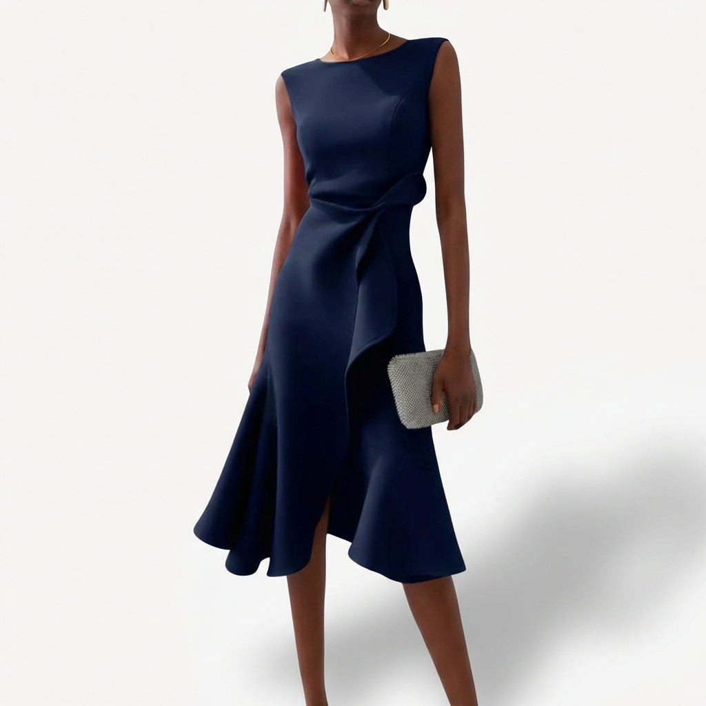 Augustine | Women's Draped Midi Dress Asymmetrical Ruffle