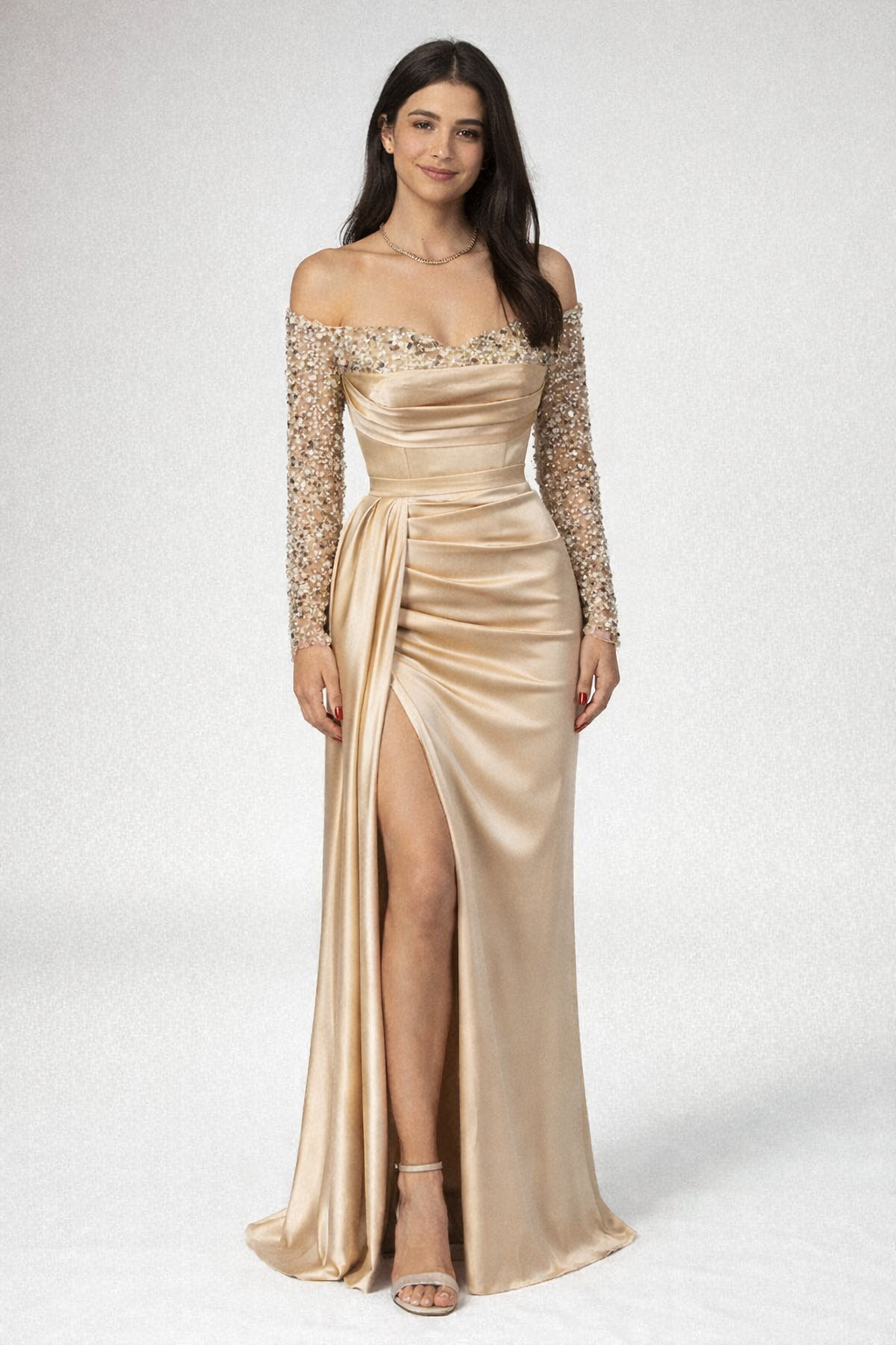 Elegant Off-the-Shoulder Gold Satin Prom Dress with Split and Sequins for Formal Events