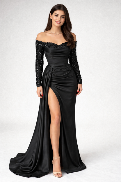 Elegant Off-the-Shoulder Gold Satin Prom Dress with Split and Sequins for Formal Events