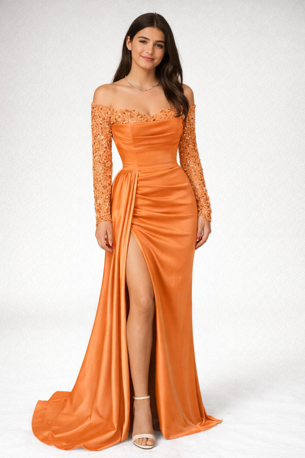 Elegant Off-the-Shoulder Gold Satin Prom Dress with Split and Sequins for Formal Events