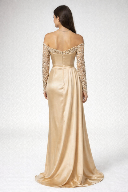 Elegant Off-the-Shoulder Gold Satin Prom Dress with Split and Sequins for Formal Events