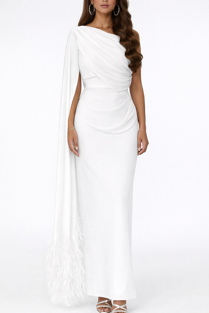 Elegant Cowl Neck Sleeveless Prom Dress with Feather Detail for Formal Events