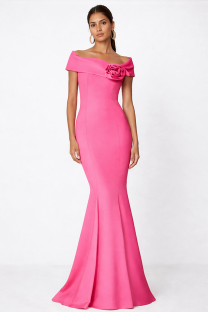 Elegant Off-the-Shoulder Trumpet Dress with Detachable Flower