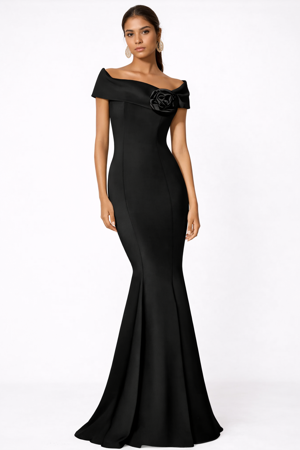 Elegant Off-the-Shoulder Trumpet Dress with Detachable Flower