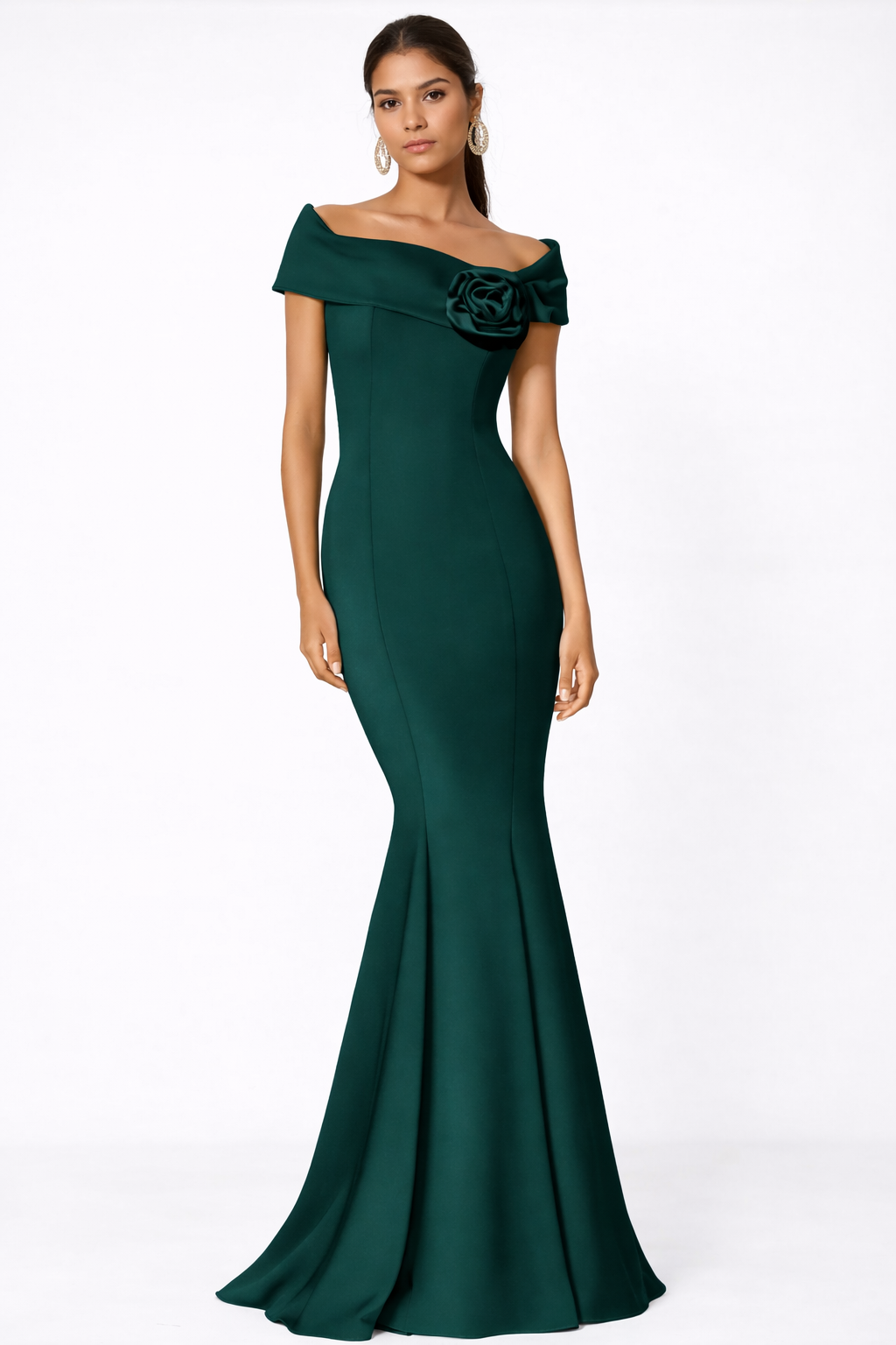 Elegant Off-the-Shoulder Trumpet Dress with Detachable Flower