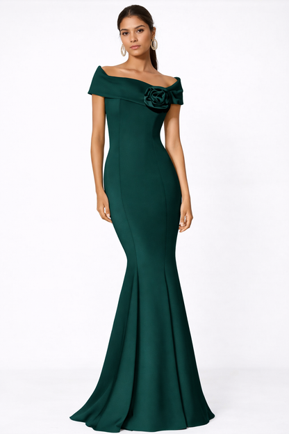 Elegant Off-the-Shoulder Trumpet Dress with Detachable Flower